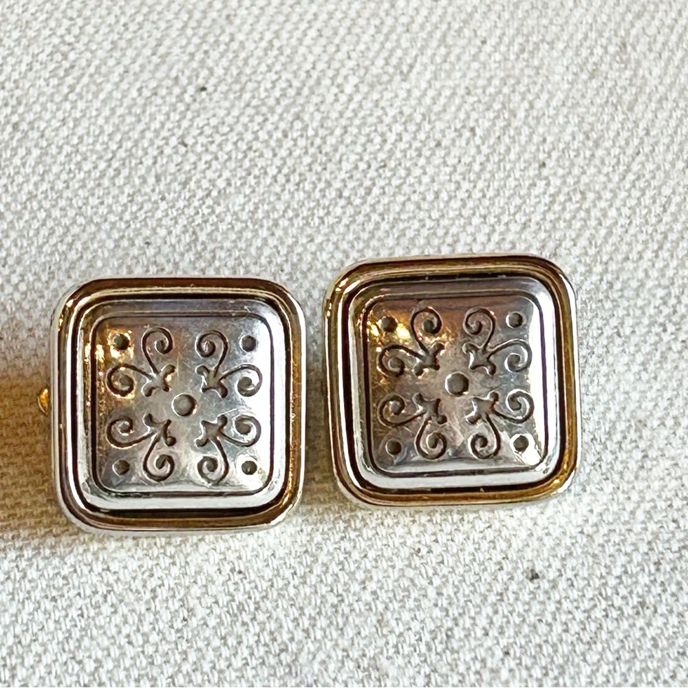 Brighton Silver and Gold Tone Scroll Design Square Clip-on Earrings